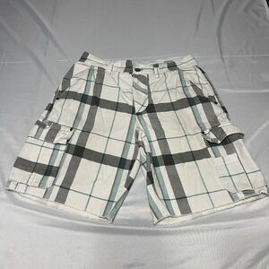 Y2K Ocean Pacific Shorts Men's 32 White Blue Plaid Baggy Cargo Surf Skate